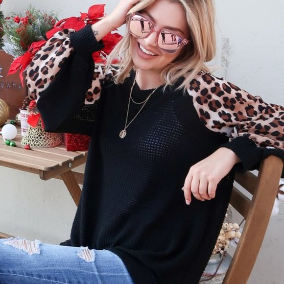 Jaxie’s Unique Tops - New! Leopard Printed Sleeve Detail Casual Knit Top